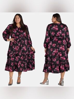 Terra & Sky Black Floral Faux Wrap Midi Dress with Pink Blooms